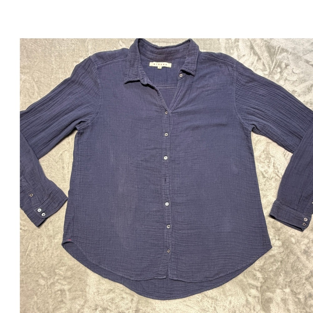 Xirena Beau Navy Blue Double Gauze Cotton M Button Down Shirt Women Textured USA - Picture 9 of 10